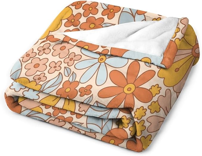 Retro 70s Floral Blanket, Hippie Summer Groovy Flower Power Flower Boho Print Throw Blanket for Couch Sofa Couch Chair 60"x80"