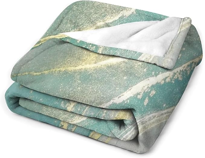 Abstract Marble Blanket, Modern Luxury Baroque Golden Lake Green Stone Veins Pattern Soft Warm Cozy Plush Flannel Covers for Livingroom Bedroom Couch Chair Camping Travel Home Decor Tapestry 40x50in