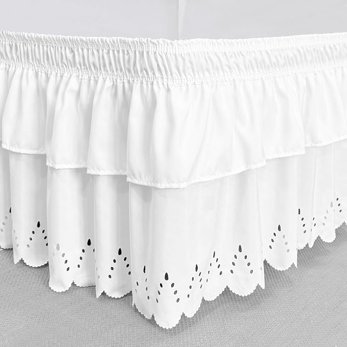 Full Bed Skirt, Double-Layered Ruffled Eyelet Bed Skirt, Wrap-Around Elastic Dust Ruffle Full Size with Gathered Styling and Embroidered Details, 14" Drop Length (White)