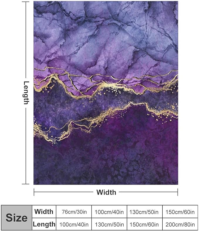 Modern Marble Blanket, Abstract Luxury Baroque Art Golden Purple Stone Veins Pattern Soft Warm Cozy Plush Flannel Covers for Livingroom Bedroom Couch Chair Camping Travel Home Decor Tapestry 50x60in