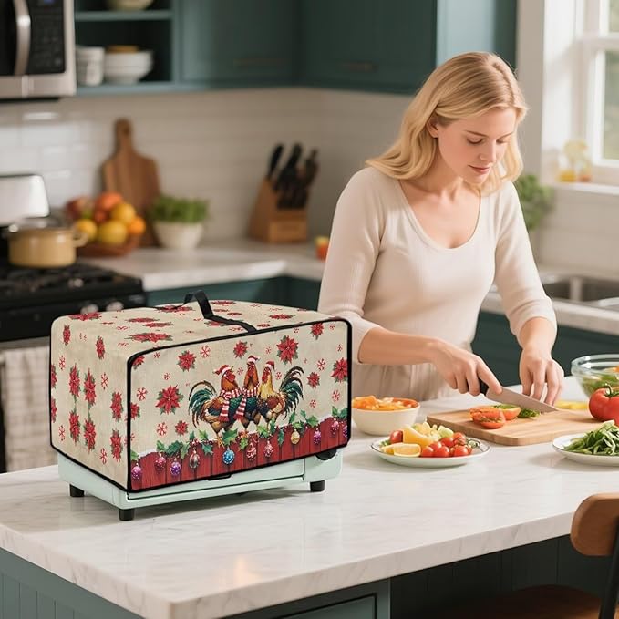 Christmas Toaster Oven Dust Cover with Storage Pockets, Protective Decorative Smart Oven Cover for for Kitchen Countertop, S, 14.5 x 18.5 x 9 Inches, Rooster Chicken Poinsettia Red Beige