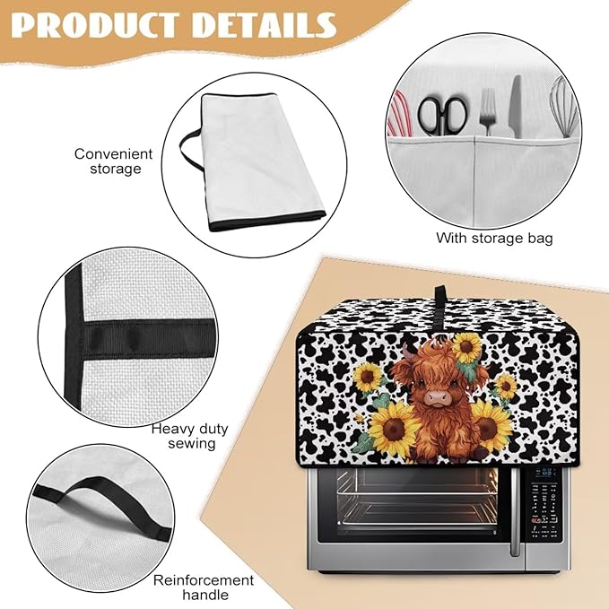 Microwave Oven Cover with Storage Pockets Waterproof Toaster Oven Dust Cover Universal Kitchen Appliance Protector, Cartoon Highland Cattle Sunflower Cow Print, S