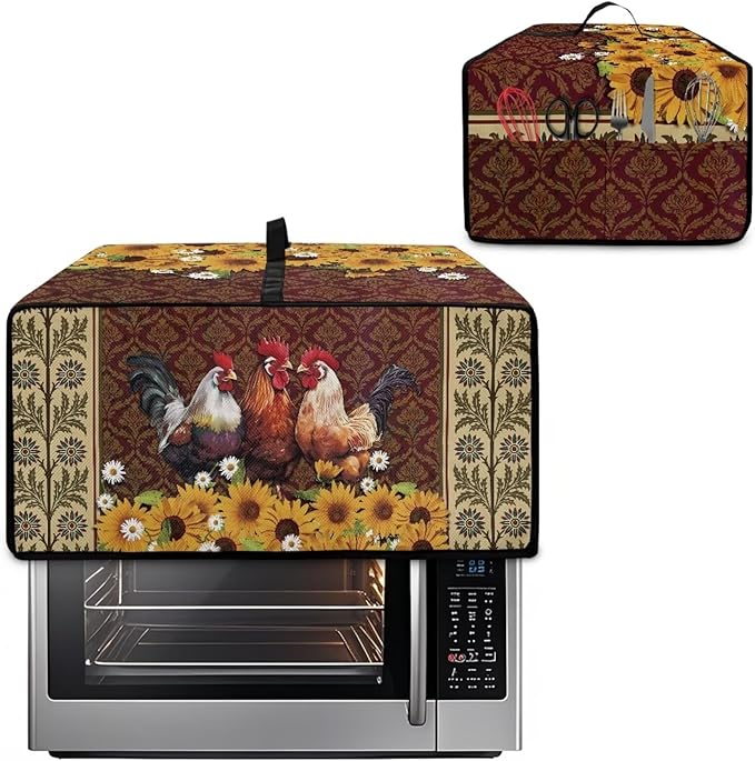 Convection Oven Dustproof Cover with Pockets, Washable Toaster Oven Cover Small Appliance Accessories for Kitchen Countertop, S, Chicken Rooster Sunflower Daisy Floral