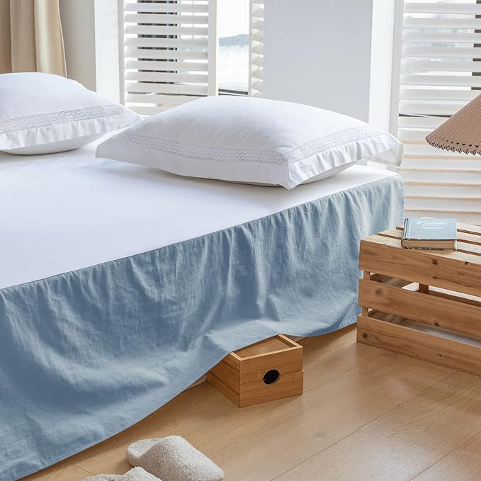 BISELINA French Linen Bed Skirt with Pleated Corner 22-Inch Tailored Drop Natural Flax Cotton Blend Basic Dust Ruffle Soft Cozy Farmhouse Bedding (22" King, Basic Dusty Blue)