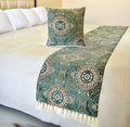 The HomeCentric King/Queen/Twin Teal Decorative King 90"x18" Bed Runner Without Pillow Cover, Art Deco, Floral, Tassels & Velvet Bed Scarf on Velvet Fabric - Ahmet