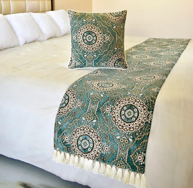 The HomeCentric King/Queen/Twin Teal Decorative Queen 74"x18" Bed Runner with Pillow Cover, Art Deco, Floral, Tassels & Velvet Bed Scarf on Velvet Fabric - Ahmet