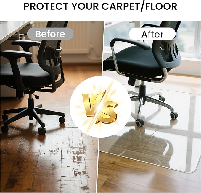 Tempered Glass Chair Mat, 55" x 46" Glass Office Chair Mat, 1/5" Thick Clear Floor Mat with Anti-Slip Pads, Heavy Duty Glass Mat for Carpeted and Hard Floor