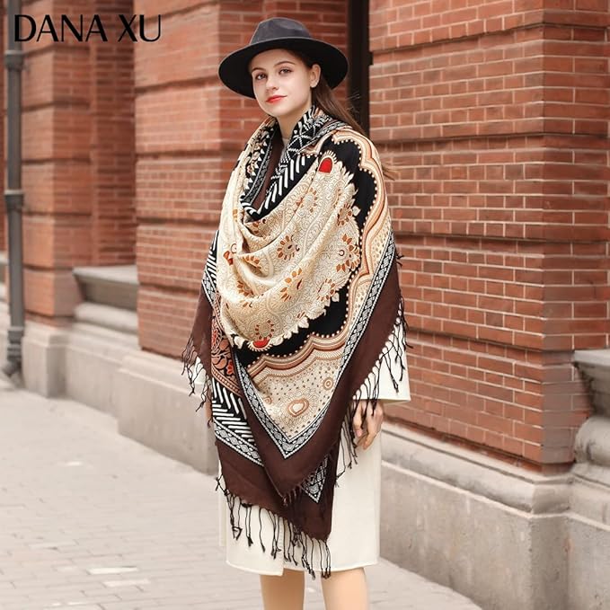 DANA XU 100% Merino Wool Pashmina Shawl for Women 96"x43", Oversized Cashmere Wrap with Tassels, Floral Travel Blanket Cape