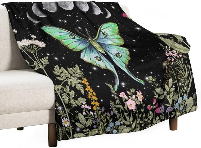Moth Floral Flannel Blanket, Gothic Witchy Moon Phase Botanical Vintage Wildflower Plantsprint Soft Warm Fuzzy Throw Blanket for Couch Sofa Office Bed, 30"x40"