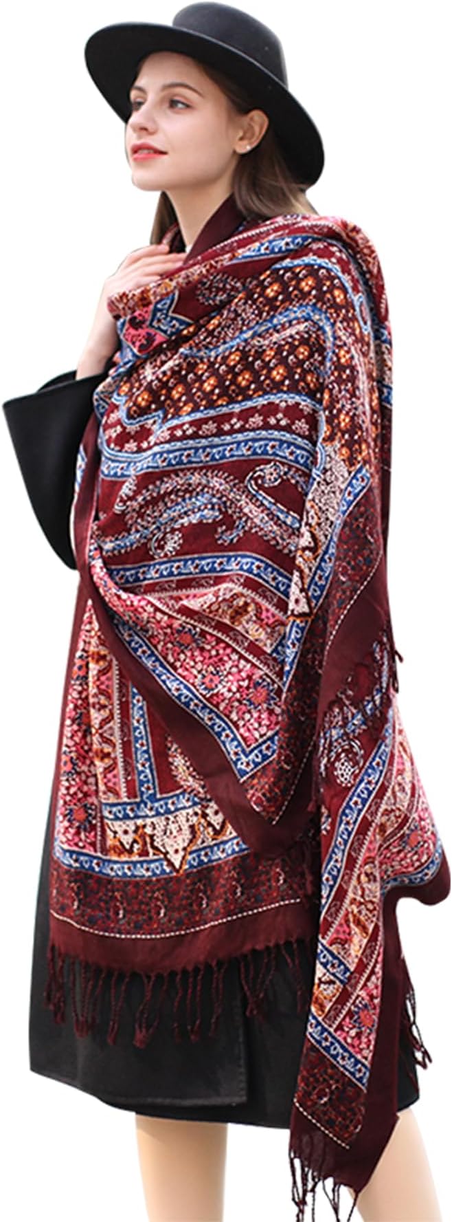 DANA XU 100% Merino Wool Extra Large Pashmina Blanket Travel Scarf Cashmere Wrap for Women Fall Winter Oversize Shawl Floral