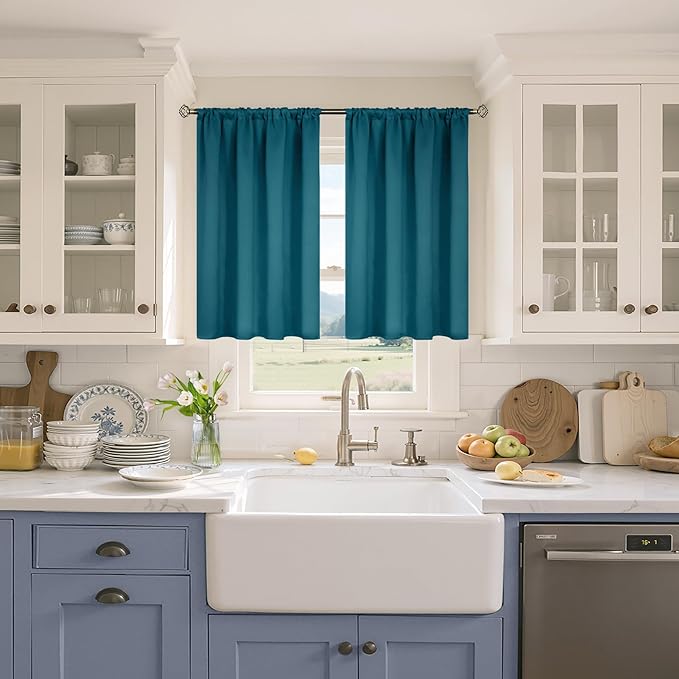 BGment Peacock Blue Blackout Curtains for Kitchen Cafe Window - Short Window Drapes Thermal Insulated Blackout Blinds for Rv Bathroom Privacy, 42 x 36 Inch, 2 Panels