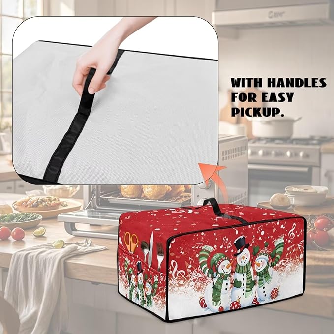Christmas Convection Toaster Oven Cover with Pockets, Holiday Decor Smart Microwave Baking Oven Dust Cover for Countertop, M, 16.5 x 20.5 x 10 Inches, Snowman Musical Note Red