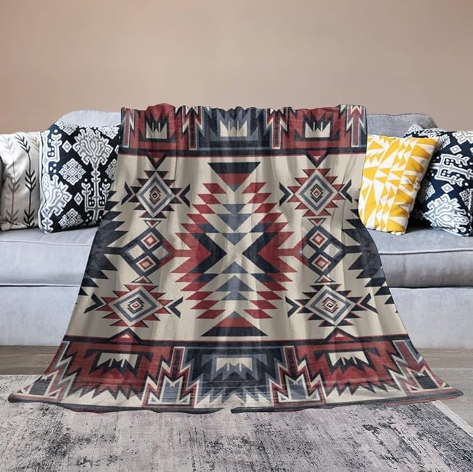 Southwest Blanket, Tribal Indian Throw Blanket Red Black Aztec Ethnic Geometric Print Blanket for Couch Bed Sofa Cover Throw Home Decor 50"x60"