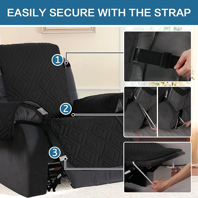 H.VERSAILTEX Reversible Quilted Recliner Covers Water Resistant Furniture Protector for Reclienr Chair with Elastic Straps for Pets Kids Sitting Width Up to 28"(Oversized Recliner, Black/Grey)