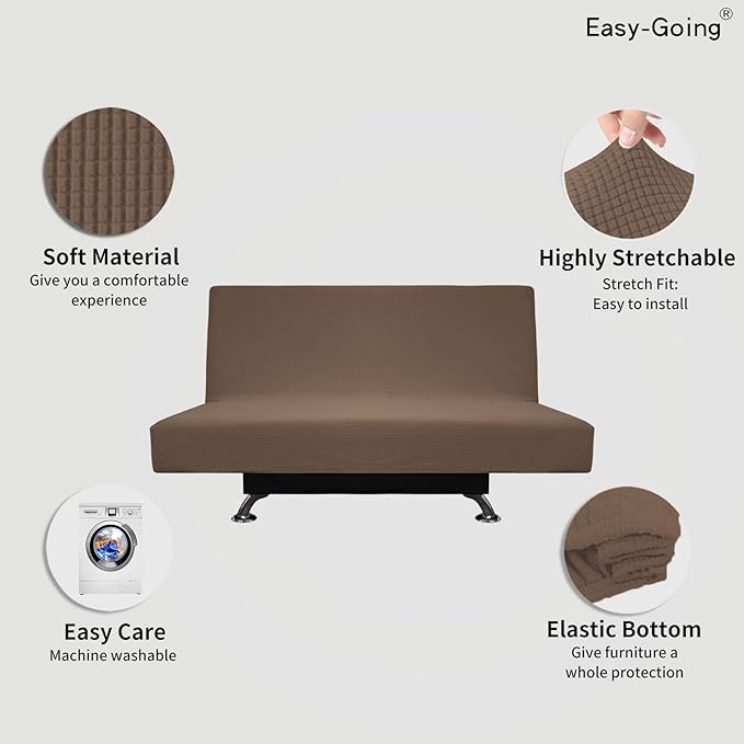 Easy-Going Stretch Futon Slipcover Armless Futon Bed Cover Furniture Protector Without Armrests with Elastic Bottom for Kids, Soft Jacquard Fabric Small Checks (Medium, Brown)