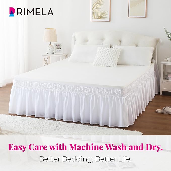 RIMELA White Bed Skirt King Size 16 Inch Drop, Elastic Bed Skirting for Bed Base and Frame, Bedding Dust Ruffle Easy to Install, Lightweight Wrap Around Adjustable Bedskirt
