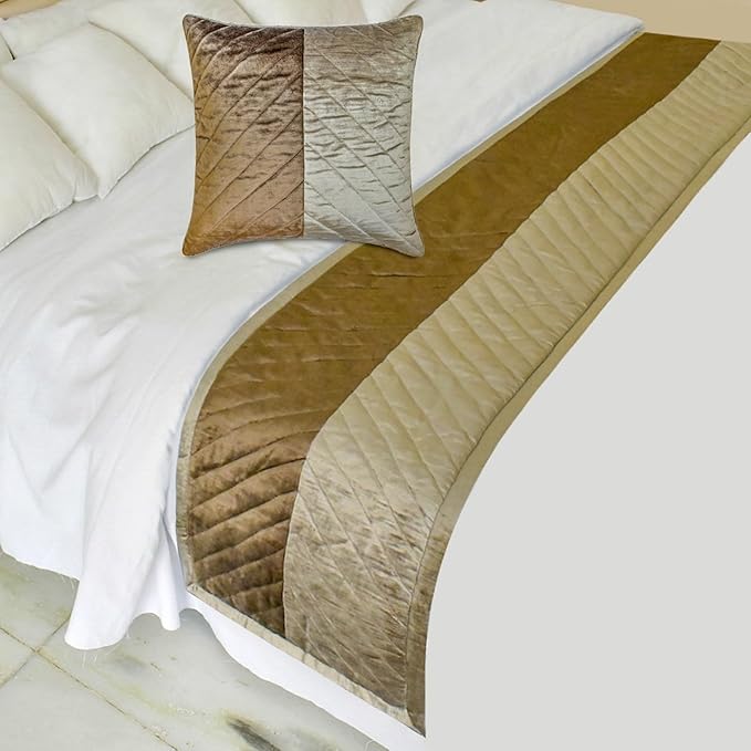The HomeCentric King/Queen/Twin Brown Decorative Bed Runner Twin 53"x18" Bed Runner with One Pillow Cover, Solid, Chevron, Patchwork, Quilted Bed Scarf on Velvet Fabric - Plush Divide
