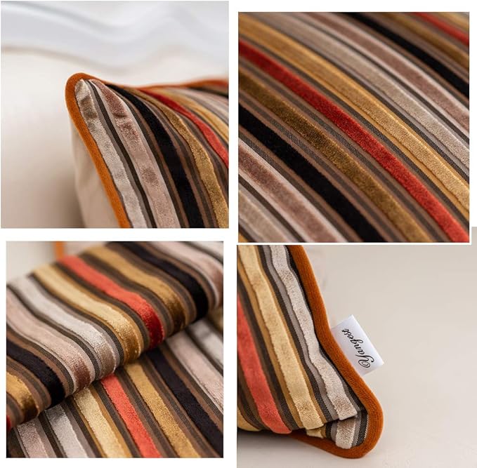 Yangest Orange Striped Throw Pillow Cover Multicolor Velvet Cushion Cover Modern Bohemian Pillowcase for Sofa Couch Bedroom Living Room Home Christmas Decoration,18x18 Inch