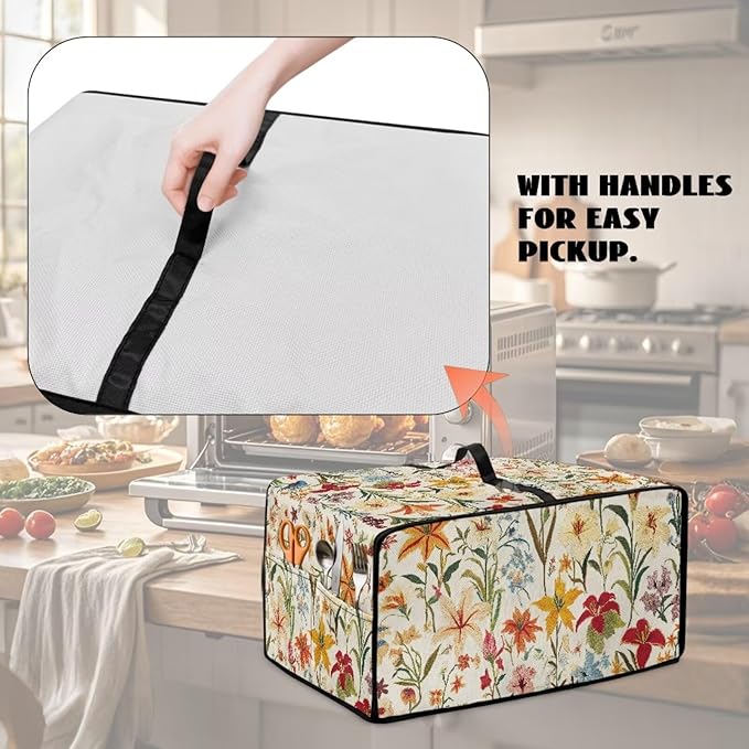 Toaster Oven Cover with Pockets, Washable Smart Oven Dust Cover Protective Kitchen Appliances Decor and Accessories, M, 16.5" x 20.5" x 10", Floral Pattern