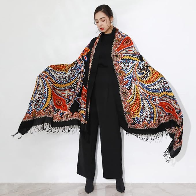 DANA XU 100% Merino Wool Pashmina Shawl for Women 96"x43", Oversized Cashmere Wrap with Tassels, Floral Travel Blanket Cape