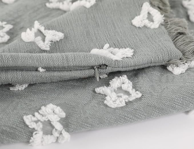 Boho Long Lumbar Pillow Cover 16x24 with Tassel,3D Flower Patterned Cotton Decorative Long Lumbar Pillow Cover Pillow Case for Sofa Couch Bed Livingroom Farmhouse,Blue Grey