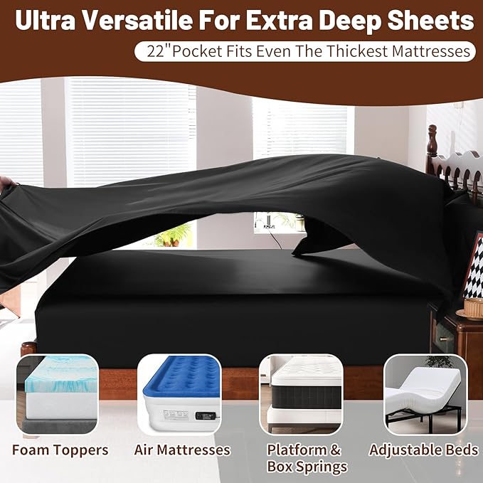 Extra Deep Pocket California King Sheets 18-24 Inch 1000 Thread Count 100% Egyptian Cotton Sateen Weave Soft Breathable 4 Pieces（California King,Black）