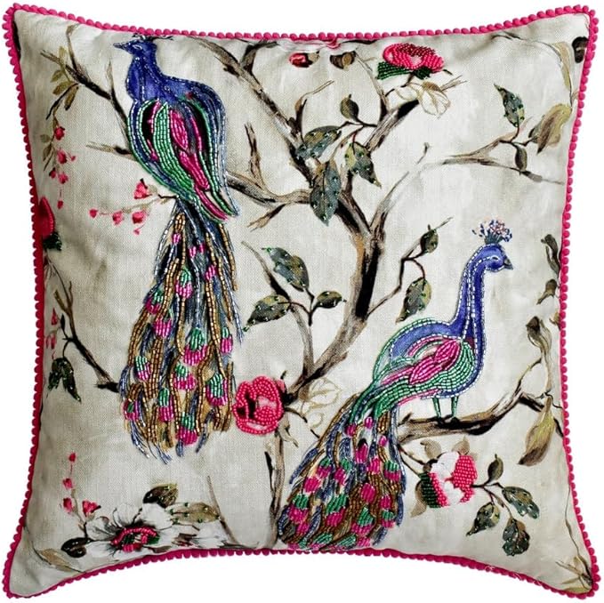 The HomeCentric King/Queen/Twin Pink & Purple Luxury CA King 86"x18" Bed Runner with Two Pillow Cover, Peacock, Beaded, Pom Pom Lace Bed Scarf on Cotton Fabric - Pavo Paradiso