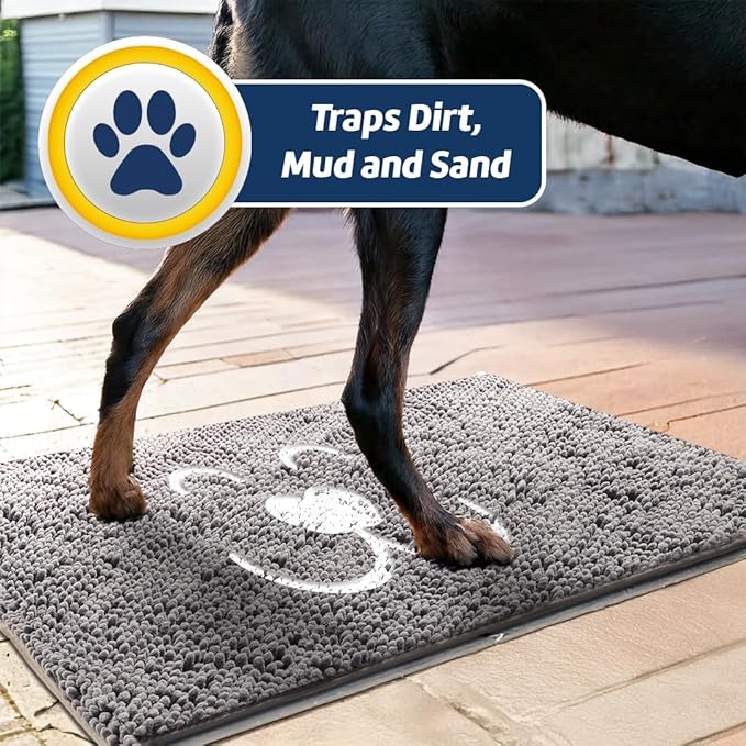 Muddy Mat® Pet Face Dog Door Embroidery Mat Super Absorbent Microfiber Indoor Outdoor mat for Muddy Paws, Non-Slip Washable Pet Rug, Quick Dry Chenille Entryway Carpet, Machine Washable – Grey 19”x30”