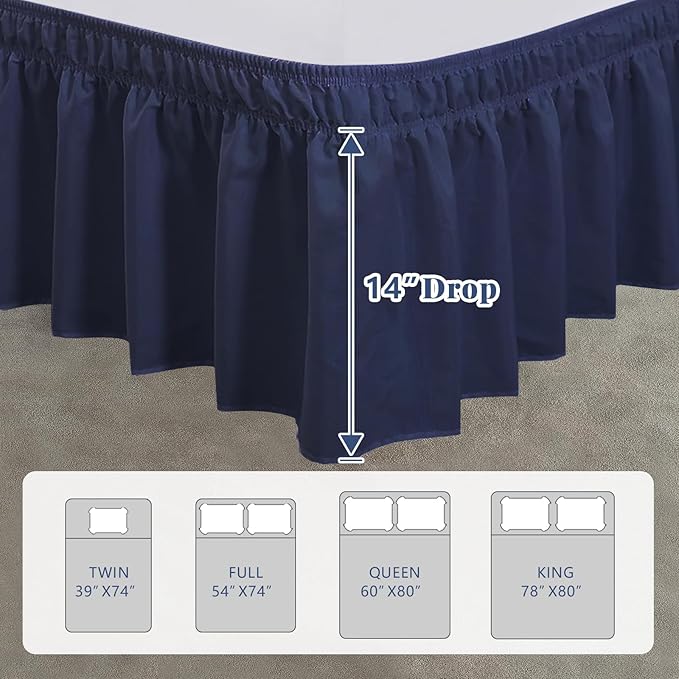 Full Bed Skirt, Elastic Wrap Around Bed Skirt Full Size, Bed Skirts for Adjustable Bed, Easy Fit with 14" Drop Length Tailored Drop Dust Ruffle (Navy)