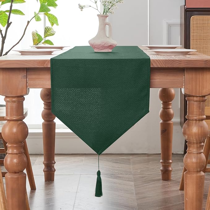 BALCONY & FALCON Table Runner with Tassels Rustic Farmhouse Jacquard Linen Style Water Resistant Washable Runner for Dining Kitchen Party Christmas Everyday Use 14 x 95 inch, Dark Green