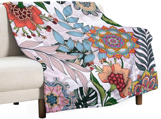 Boho Flowers Blanket for Women Girls, Rustic Bohemian Mandala Palm Leaves Plants Botanical Print Blanket for Bedroom Living Room Couch Sofa, 30"x40"