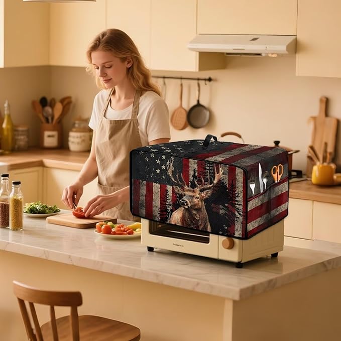 Vintage Deer Elk Print Microwave Oven Cover Waterproof Dust Cover for Microwave Oven American Flag Forest Print Universal Small Appliance Dust Covers Dirt and Fingerprint Protection, M