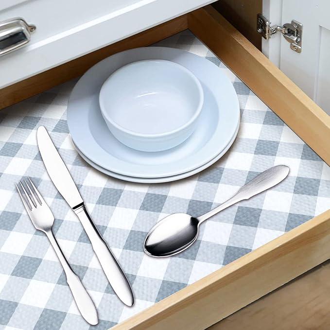 RAY STAR 12X120 Inch Shelf Liner for Kitchen Cabinets, Non-Adhesive Cabinet Liner Washable, PVC Drawer Liner for Dresser Non-Slip Bathroom (Plaid)(3 Roll)