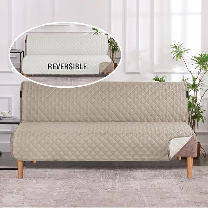 H.VERSAILTEX Reversible Futon Cover Water Repellent Armless Sofa Slipcover Washable Furniture Protector with Adjustable Elastic Strap Anti-Slip Futon Bed Cover for Dogs 70" Width Seat(Khaki/Beige)