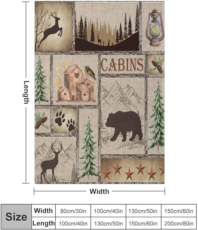 Rustic Cabin Bear Blanket, Lake Country Lodge Bear Deer Forest Farmhouse Camp Print Soft Warm Cozy Lightweight Decorative Blanket for Couch Bed Sofa Travel, 30"x40"