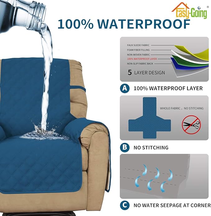 Easy-Going Sofa Slipcover Waterproof Recliner Chair Cover Non-Slip Fabric Couch Cover for Living Room Washable Furniture Protector for Pets Kids Children Dog Cat (Recliner, Peacock Blue)