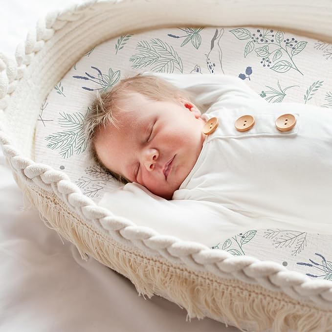 Muslin Bassinet Fitted Sheets, 2 Pack for Baby Boy and Girl, Soft Breathable Baby Pad/Mattress Sheet, Fit for Hourglass Oval and Rectangle Bassinet Mattress (Blue Deer)