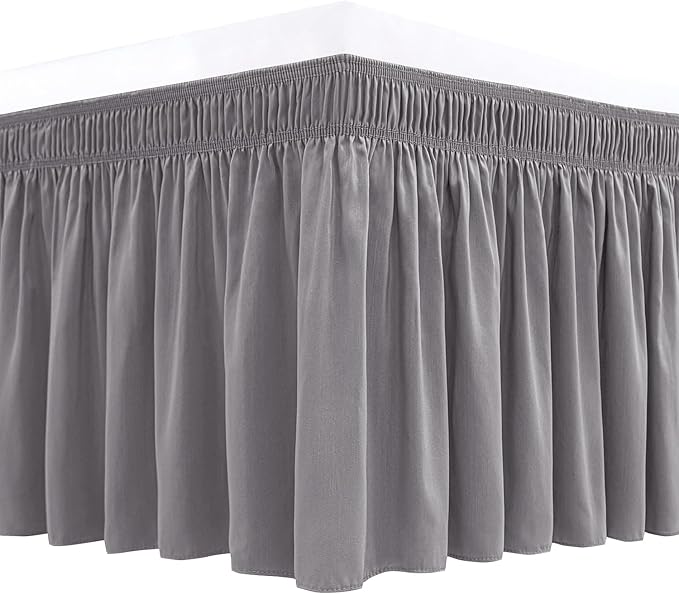Biscaynebay Wrap Around Bed Skirts for Queen Size Beds Extra Long Drop of 21", Silver Grey Adjustable Elastic Dust Ruffles Easy Fit Wrinkle Resistant Silky Luxurious Fabric Machine Washable