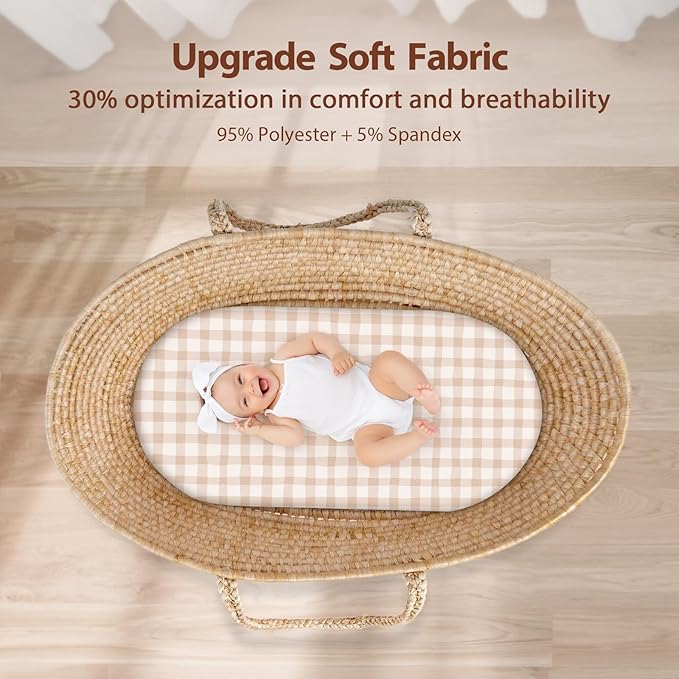 Baby Bassinet Sheets Girl Boy, Fitted Bassinet Sheet Set 3 Pack Bassinet Mattress Sheets Universal Fit for Rectangle, Round, Oval, Hourglass Mattress, Soft Breathable Orange Flowers & Plaid