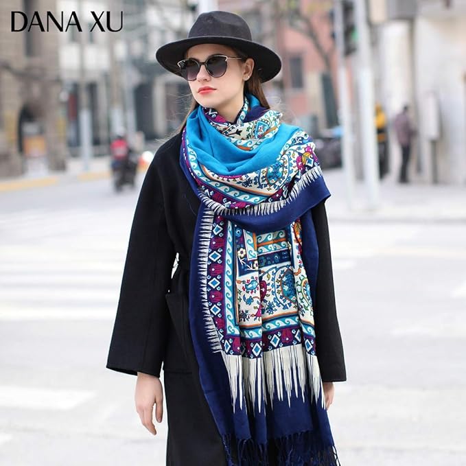DANA XU 100% Merino Wool Pashmina Shawl for Women 96"x43", Oversized Cashmere Wrap with Tassels, Floral Travel Blanket Cape