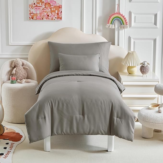 Toddler Bedding Set - 5 Piece Soft and Breathable Toddler Bed Set for Boys and Girls, Includes Quilted Comforter, Fitted Sheet, Flat Top Sheet, Standard Pillowcase and Toddler Pillowcase, Dark Gray