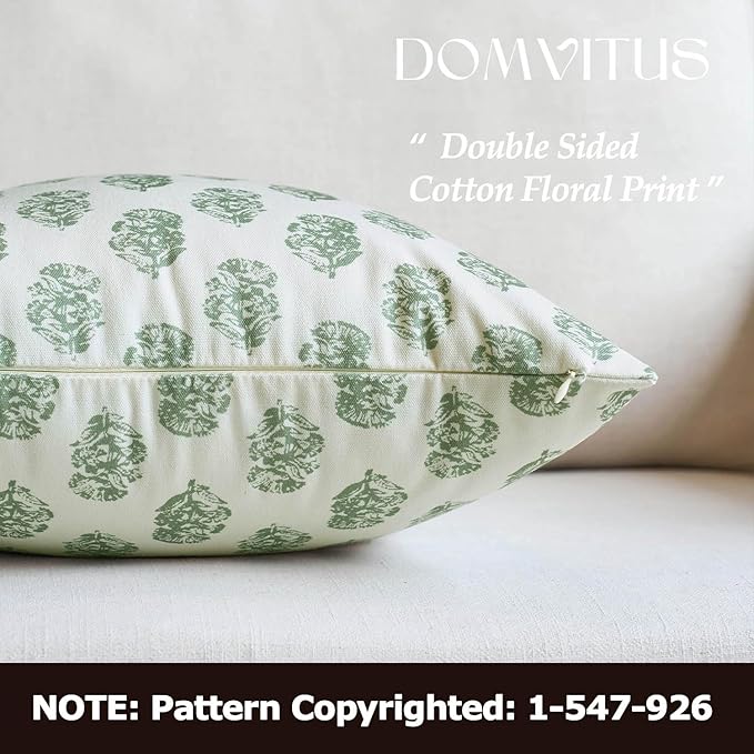 DOMVITUS Set of 2 Floral Pillow Covers 24x24, Block Print Pillow Covers Vintage Neutral Decorative Farmhouse Throw Pillow Covers for Couch Bed Living Room Sage Green