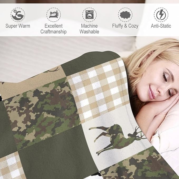 Camouflage Deer Blanket, Vintage Camo Green Beige Plaid Rustic Cabin Wildlife Hunting Blankets for Mens Room Bed Sofa, 30"x40"