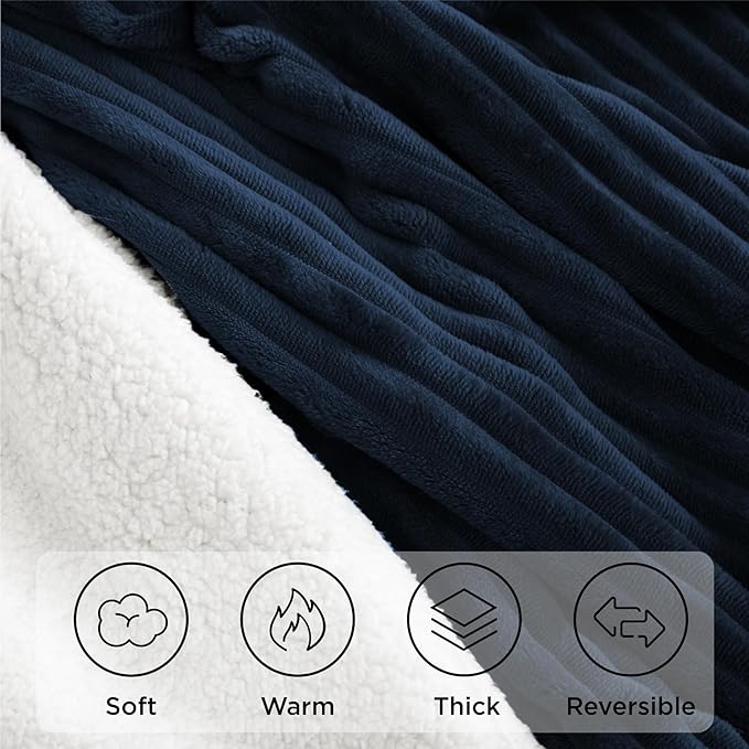 Navy Blue Throw Blanket - Soft Cozy Sherpa, Warm for Winter, Reversible for Sofa, 50 x 60 Inches