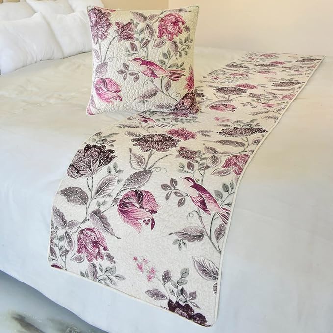 The HomeCentric King/Queen/Twin Pink Decorative Queen 74"x18" Bed Runner Without Pillow Cover, Quilted, Printed & Pearl Embroidery Bed Scarf on Cotton Fabric - Vintage Birdie