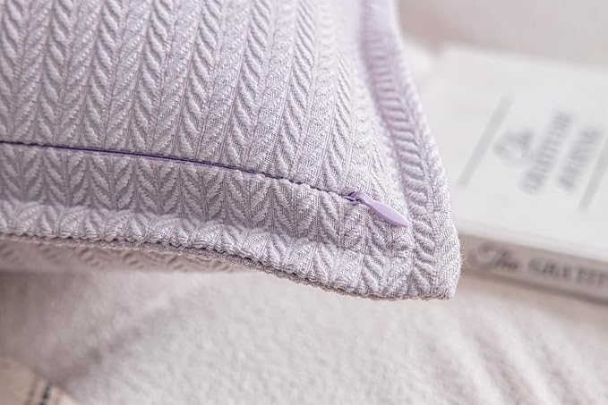 Set of 2 Cozy Striped Herringbone Flange Throw Pillow Covers, Aesthetic Embossed Pattern Pillow Covers for Couch and Bed - 20"x20", Languid Lavender