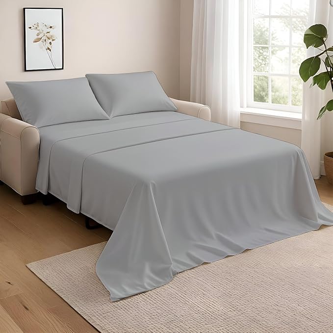NON Sticky cotton Full Size Sleeper Sofa Sheets, 4 Piece Egyptian Cotton Bed Sheet Set for Sofa Bed, 7" Deep Pocket for Pull Out Couch Mattress, 54" x 75", Light Grey Solid, Soft & Breathable