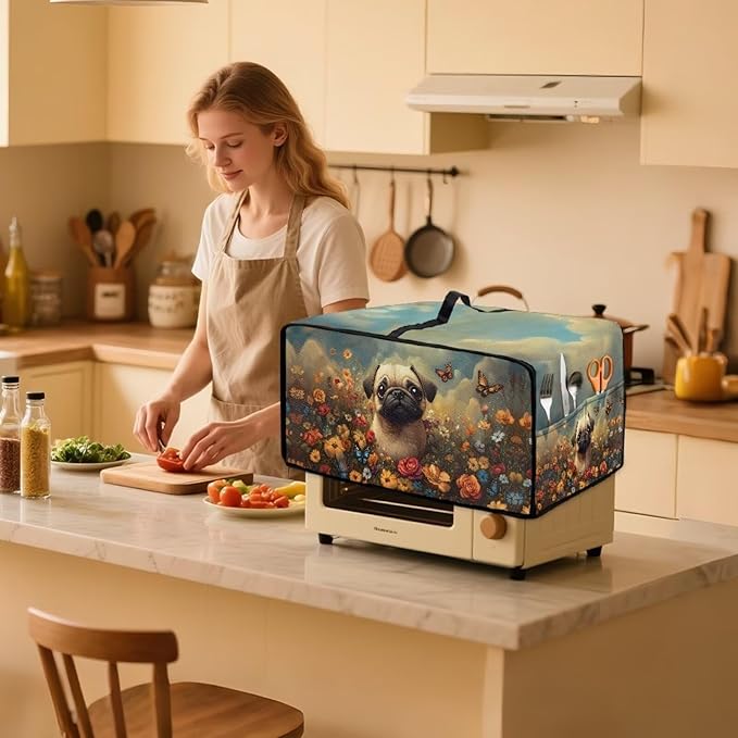 Cute Pug Dog Floral Butterfly Print Microwave Oven Dust Cover Dust Cover for Microwave Oven Universal Foldable Small Appliance Dust Covers Dirt and Fingerprint Protection, L