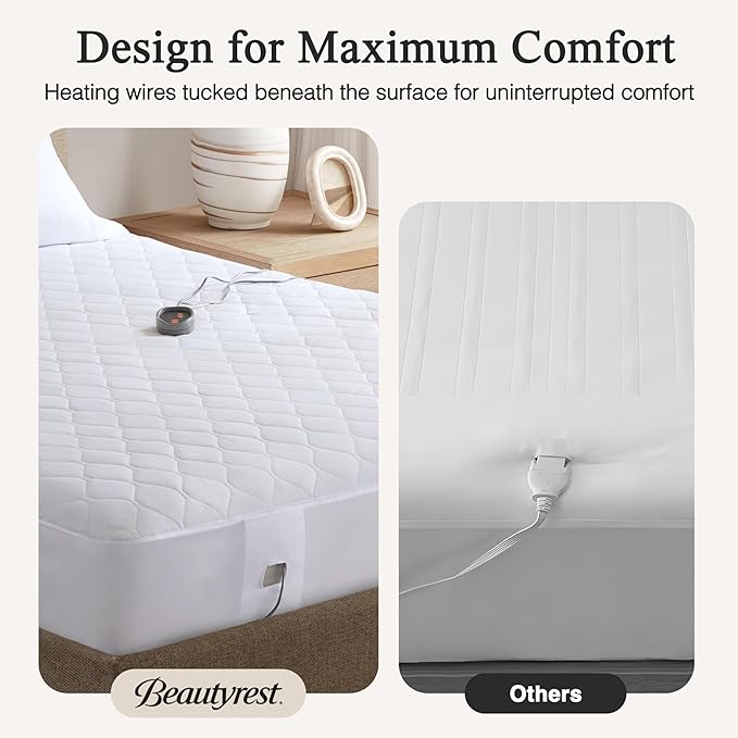 Beautyrest Cotton Blend Heated Mattress Pad Secure Comfort Technology - Luxury Quilted Electric Mattress Pad with Deep Pocket - 5-Setting Heat Controllers, Cal King, White