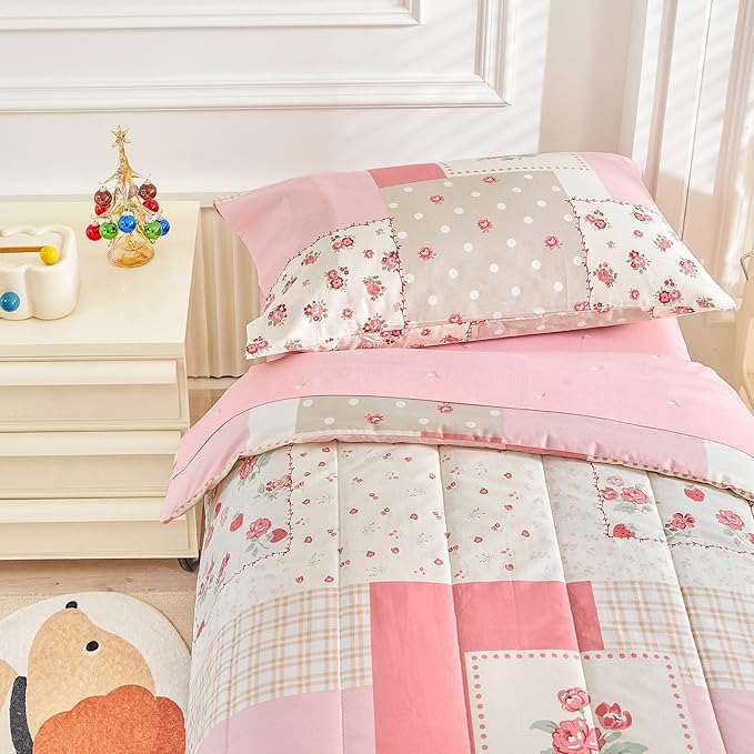 Joyreap 4 Piece Cotton Toddler Bedding Set- Pink Flower Plaids Patchwork Design, Toddler Comforter Set for Girls, Includes Quilted Comforter, Fitted Sheet, Top Sheet, and Pillow Case